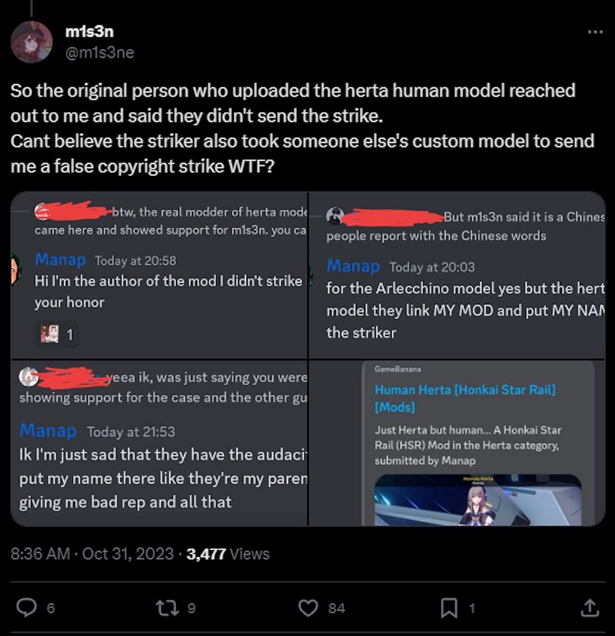 An example of the Herta modder saying they didn't send the copyright claim (Image via Twitter)